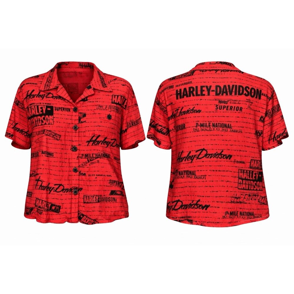Harley Davidson Womens XL Red All Over Print Rayon Button Shirt Biker